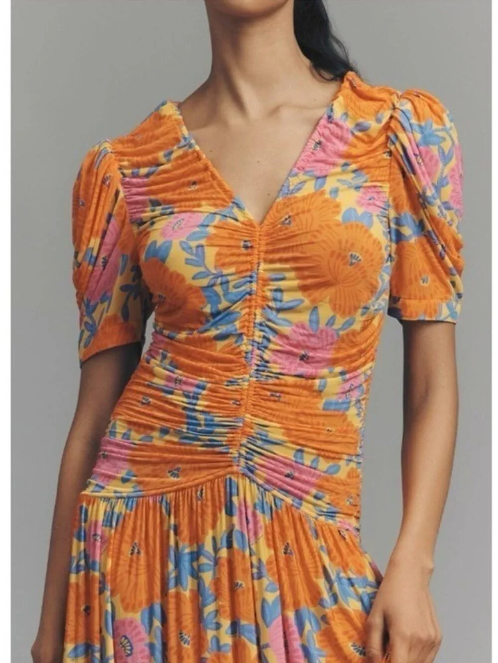 ANTHROPOLOGIE Farm Rio Short Sleeve Ruched Midi Dress Tropical Floral Size M NEW - Picture 3 of 11